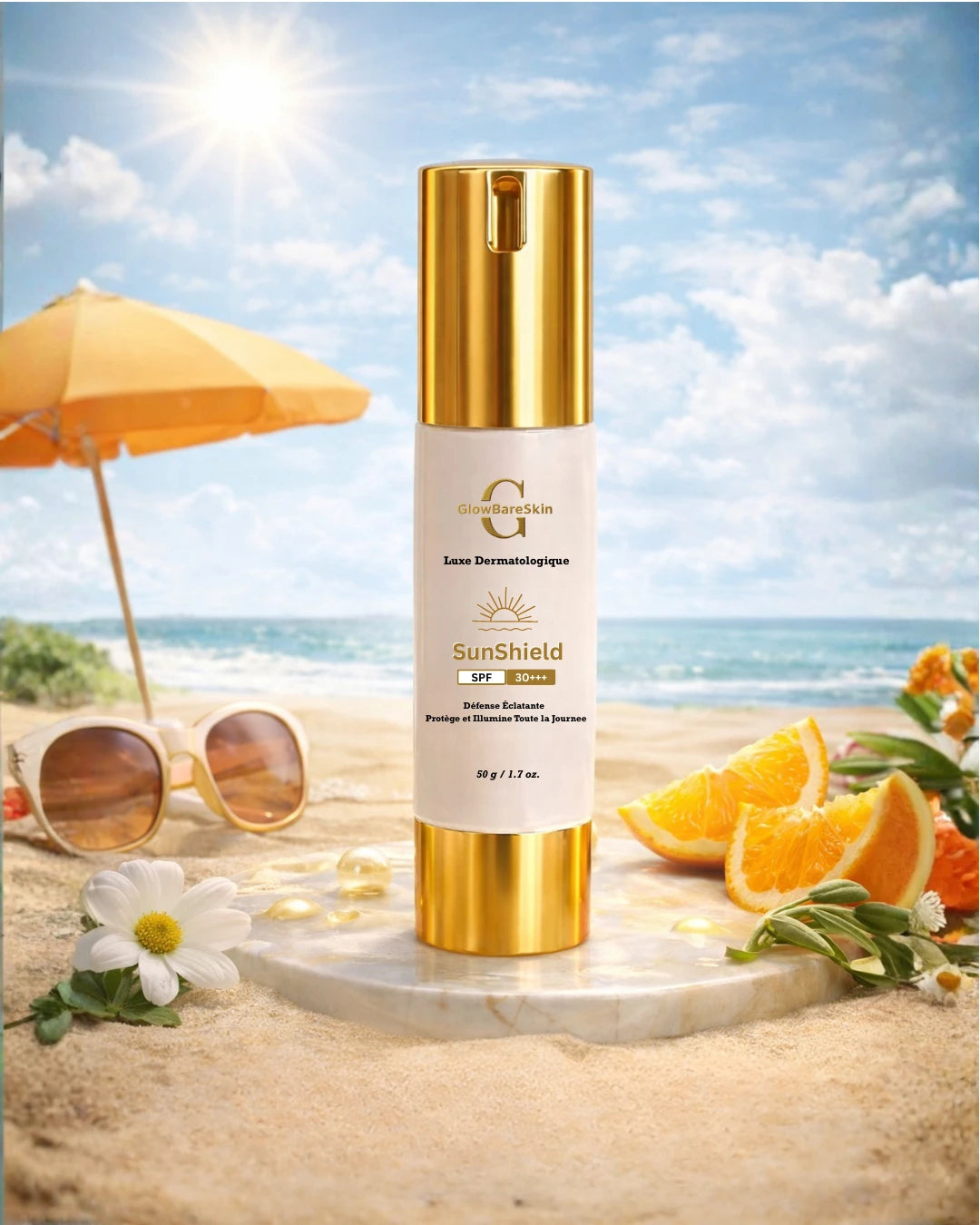 Sunscreen bottle labeled 'SunShield' on a beach with oranges and sunglasses.