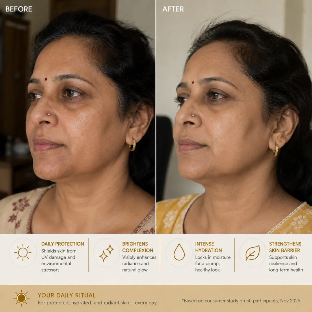 Before and after comparison of a woman's face with text about skincare benefits.