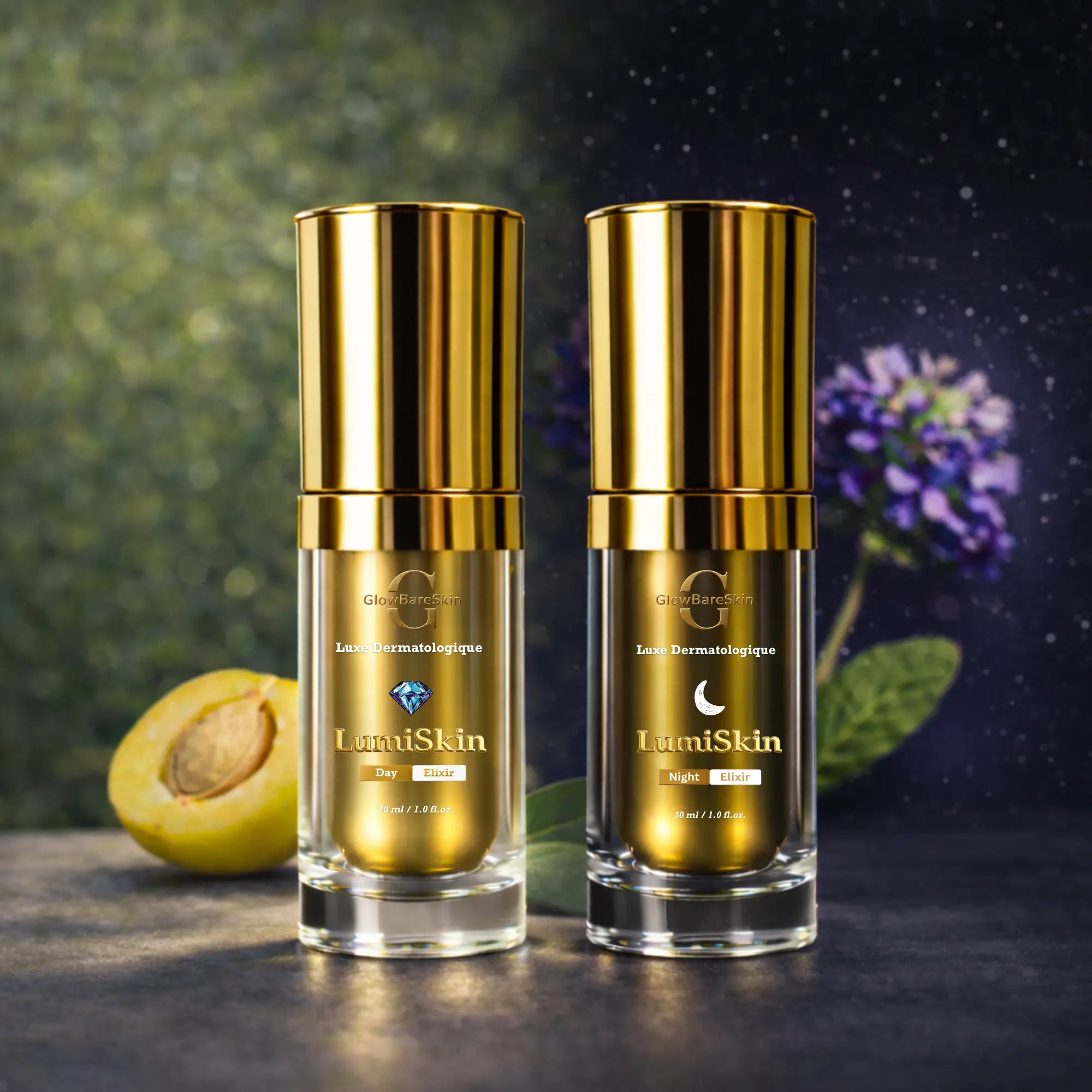 GlowBareSkin LumiSkin Day & Night Elixirs two 30 ml face serum bottles labeled Day Elixir and Night Elixir