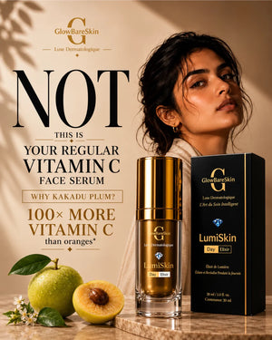 Glow Bare Skin LumiSkin Day Elixir face serum bottle and black retail box displayed on a marble surface, with a woman in the background and large promotional text about Vitamin C.