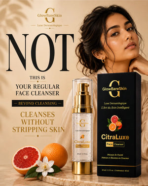 GlowBareSkin CitraLuxe Face Cleanser with citrus extracts in a premium editorial composition, gentle gel cleanser that removes impurities without stripping the skin.