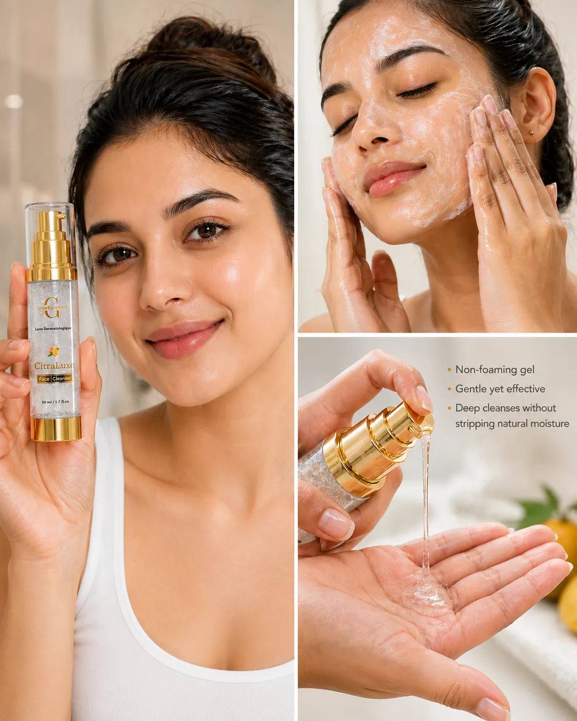 Woman using GlowBareSkin CitraLuxe Face Cleanser with close-up product, gel texture and cleansing routine demonstrating a gentle non-foaming face cleanser for daily skincare.