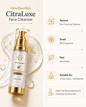 Product overview of GlowBareSkin CitraLuxe Face Cleanser showing its non-foaming gel texture, mild fragrance, non-sticky feel, pH-balanced formula and suitability for all skin types.