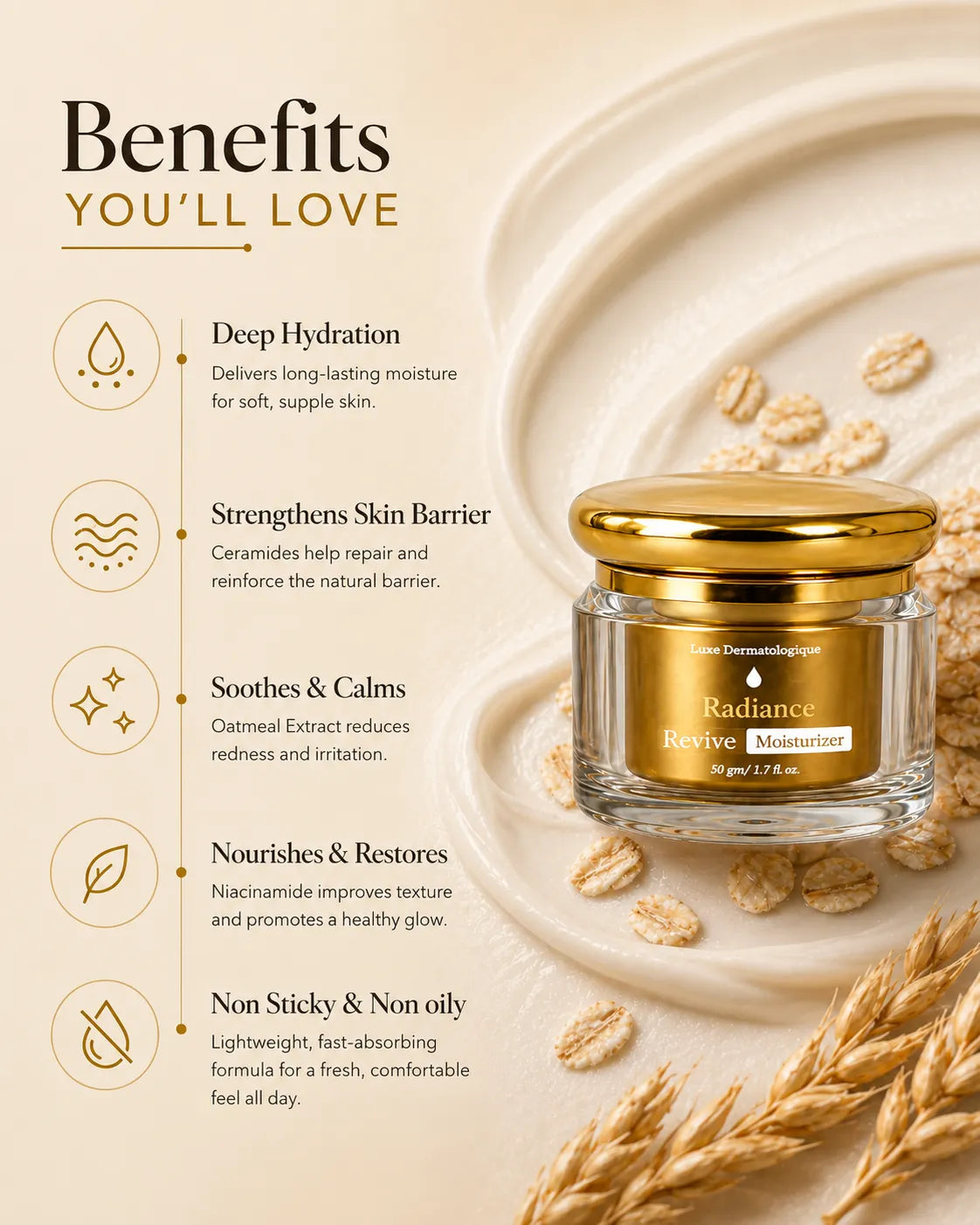 GlowBareSkin Radiance Revive Moisturizer benefits infographic highlighting deep hydration, skin barrier repair, soothing oatmeal extract, niacinamide and non-sticky lightweight texture.
