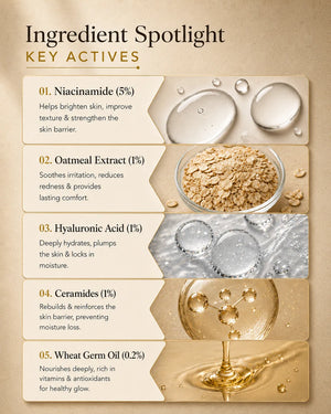 Ingredient spotlight infographic featuring 5% niacinamide, 1% oatmeal extract, 1% hyaluronic acid, 1% ceramides and wheat germ oil in GlowBareSkin Radiance Revive Moisturizer.