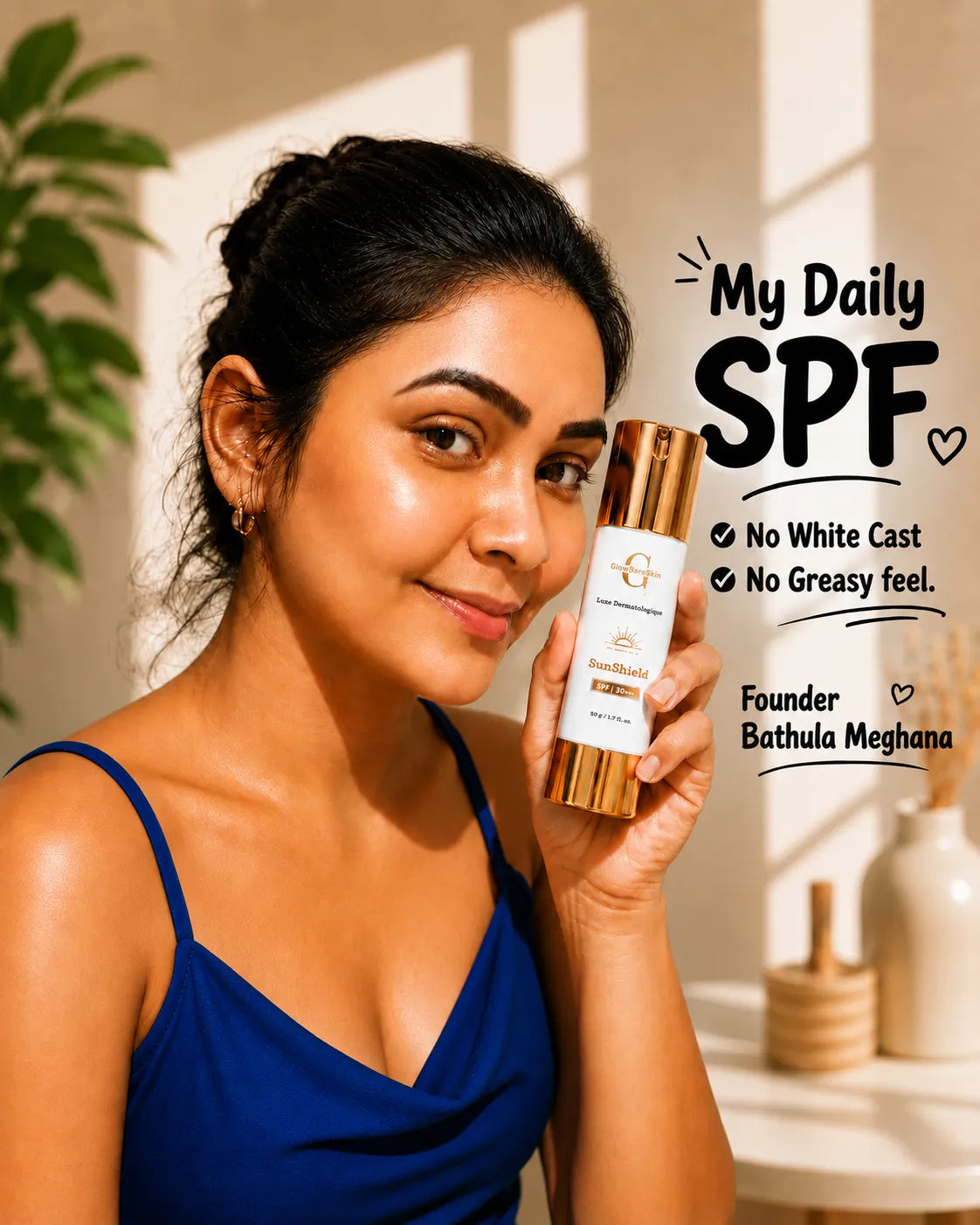 Bathula Meghana holding GlowBareSkin SunShield SPF 30 sunscreen with no white cast and non-greasy finish in a bright natural light skincare portrait.