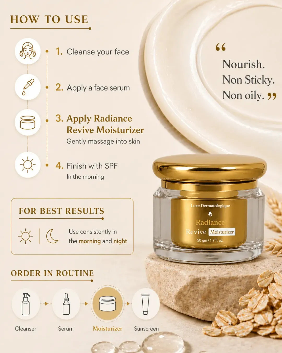 Step-by-step guide showing how to use GlowBareSkin Radiance Revive Moisturizer in a daily skincare routine after serum and before sunscreen for hydrated, healthy-looking skin.