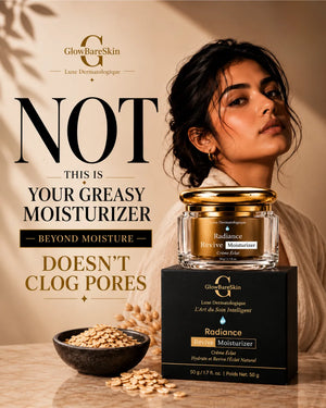 Glow Bare Skin Radiance Revive Moisturizer jar and black box displayed on a tabletop next to a bowl of oats, with a woman in a beige robe in the background and large promotional text.