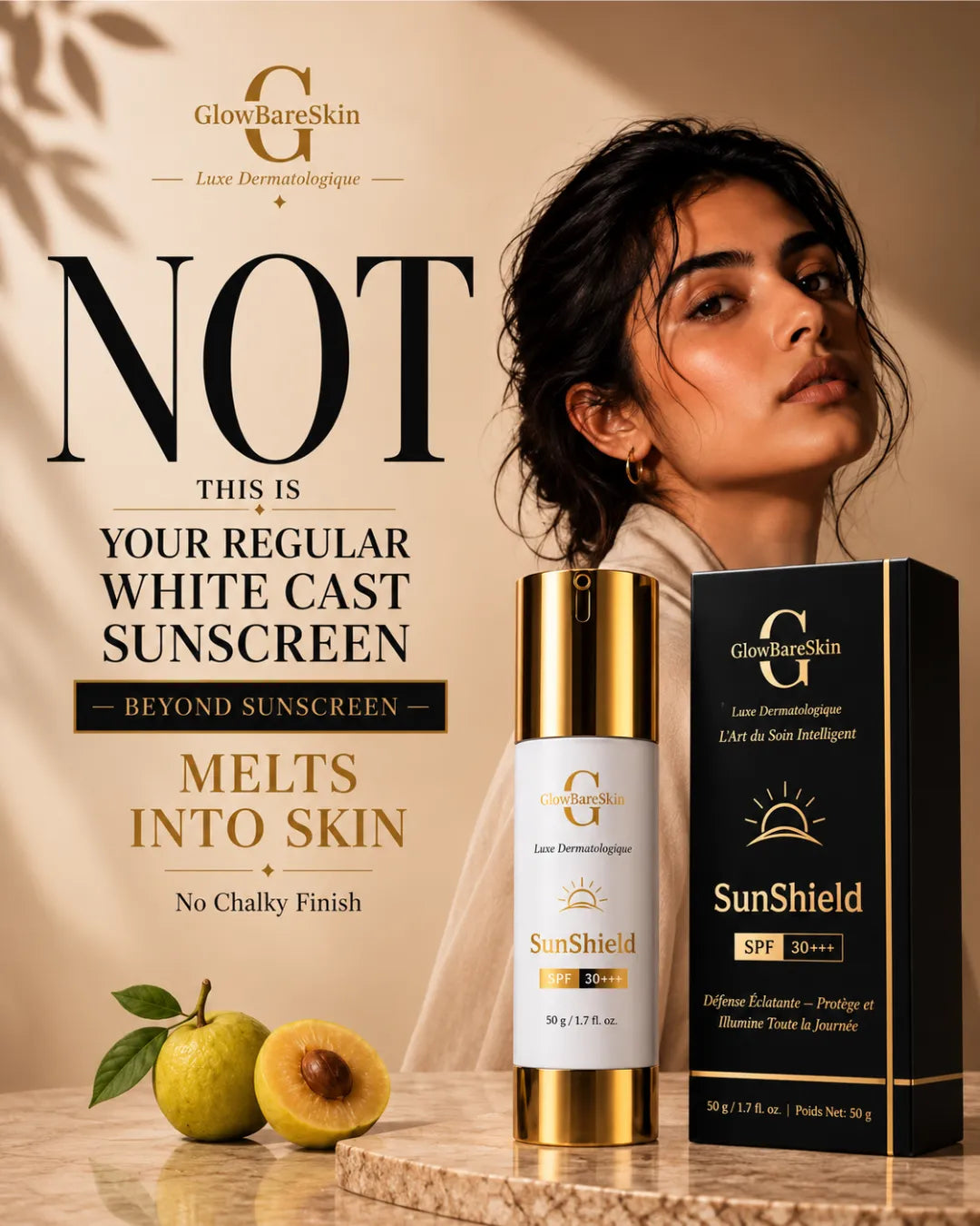 GlowBareSkin SunShield SPF 30+ sunscreen bottle and black retail box displayed on a marble surface, with a woman in the background and promotional text about melting into skin.